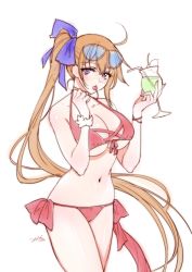 Rule 34 | 1girl, ahoge, bare shoulders, bikini, blue eyes, bow, bracelet, breasts, brown hair, cleavage, commentary, cowboy shot, cup, dated, drinking straw, eyewear on head, fal (girls&#039; frontline), girls&#039; frontline, hair bow, halterneck, holding, holding cup, jewelry, large breasts, long hair, looking at viewer, navel, official alternate costume, red bikini, shoukaki (earthean), side ponytail, signature, sketch, solo, sunglasses, swimsuit, thighs, tropical drink, very long hair, white background