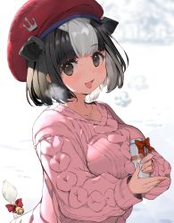 Rule 34 | :d, animal ears, aran sweater, bell, beret, black hair, blurry, blurry background, blush, bottle, bow, breasts, breath, brown eyes, cable knit, collarbone, commentary request, cow ears, cow girl, cow tail, depth of field, hat, holding, holding bottle, holstein friesian cattle (kemono friends), kemono friends, kemono friends 3, large breasts, long sleeves, looking at viewer, milk bottle, multicolored hair, nauribon, open mouth, pink sweater, red bow, red hat, short hair, silver hair, sleeves past wrists, smile, snow, solo, sweat, sweater, tail, tail bell, tail bow, tail ornament, two-tone hair