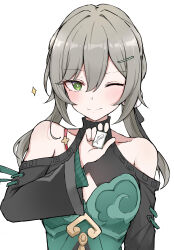 Rule 34 | 1girl, absurdres, bare shoulders, blush, brown hair, cleavage cutout, clothing cutout, dress, green dress, green eyes, hair between eyes, hair ornament, hairclip, highres, honkai: star rail, honkai (series), long hair, mango (mgo), one eye closed, qingque (honkai: star rail), shoulder cutout, simple background, smile, solo, sparkle, twintails, upper body, white background