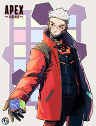 Rule 34 | 1boy, absurdres, animification, apex legends, armor, black pants, brown eyes, brown gloves, commentary, copyright name, crypto (apex legends), devil&#039;s advocate crypto, english commentary, gloves, grey hair, head tilt, highres, jacket, logo, looking down, official alternate costume, pants, red jacket, rito ikeda, rubik&#039;s cube, solo