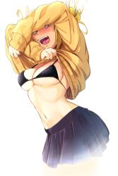 Rule 34 | 1girl, arms up, bikini, bikini top only, bikini under clothes, black bikini, blonde hair, blush, boku no hero academia, breasts, double bun, fangs, highres, looking at viewer, matching hair/eyes, messy hair, navel, nico-mo, open mouth, pleated skirt, simple background, skirt, smile, solo, sweater, swimsuit, teeth, toga himiko, tongue, undressing, yellow eyes