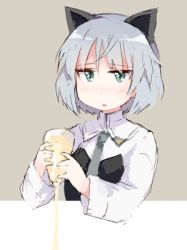 Rule 34 | 1girl, animal ears, aqua eyes, bad id, bad twitter id, blush, cat ears, long sleeves, lowres, mayonnaise, military, military uniform, necktie, ohashi (hashidate), open mouth, parody, sanya v. litvyak, short hair, silver hair, solo, strike witches, template, transparent background, uniform, world witches series