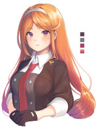 Rule 34 | 1girl, absurdres, asymmetrical sidelocks, black gloves, blush, breasts, brown hair, collared shirt, color guide, cropped torso, gloves, gradient hair, hairband, highres, jacket, kantai collection, large breasts, long hair, looking at viewer, medium breasts, multicolored hair, necktie, orange hair, parted lips, purple eyes, purple hair, red necktie, rom (rommmoon), shirt, sidelocks, simple background, solo, upper body, very long hair, white background, white hairband, white shirt, yuugure (kancolle)