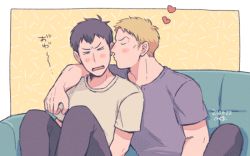 Rule 34 | &gt;o&lt;, 2boys, arm on another&#039;s shoulder, bertolt hoover, black hair, black pants, black shirt, blonde hair, blush, brown shirt, couch, couple, closed eyes, imminent kiss, male focus, midooka (o k k), multiple boys, on couch, open mouth, pants, reiner braun, shingeki no kyojin, shirt, short hair, simple background, sitting, yaoi