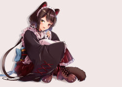 Rule 34 | 1girl, :d, animal ears, apron, back bow, blue bow, blush, boots, bow, brown footwear, brown hair, collar, cross-laced clothes, cross-laced footwear, crossed ankles, dog ears, dog girl, dog hair ornament, dog tail, fangs, full body, hair ornament, heterochromia, highres, hugging own legs, inui toko, japanese clothes, kimono, knees up, long hair, long sleeves, looking at viewer, low twintails, maid, maid apron, maid headdress, nijisanji, obi, open mouth, paw shoes, pleated skirt, red eyes, red ribbon, red skirt, ribbon, sash, shoes, simple background, sitting, skirt, sleeves past fingers, sleeves past wrists, smile, solo, spoon (tamakakama), swept bangs, tail, twintails, very long hair, virtual youtuber, wa maid, white apron, wide sleeves, yellow eyes