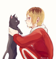 Rule 34 | 1610aoi, 1boy, animal, animalization, black cat, blonde hair, cat, haikyuu!!, holding, holding animal, holding cat, kozume kenma, kuroo tetsurou, looking at animal, male focus, multicolored hair, roots (hair), simple background, track suit, twitter username, two-tone hair, white background