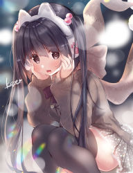 Rule 34 | 1girl, :d, animal earmuffs, animal ears, artist name, black hair, black thighhighs, blurry, blurry background, blush, breasts, brown eyes, brown scarf, brown sweater, cat ears, commentary request, depth of field, earmuffs, fake animal ears, feet out of frame, grey skirt, hair between eyes, hair bobbles, hair ornament, hands on own face, hands up, highres, ko yu, long hair, long sleeves, looking at viewer, medium breasts, open mouth, original, pleated skirt, print skirt, puffy long sleeves, puffy sleeves, scarf, signature, skirt, sleeves past wrists, smile, solo, squatting, sweater, thighhighs, twintails, very long hair