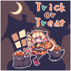 Rule 34 | 1girl, bird, cat, crescent moon, drill hair, halloween, jack-o&#039;-lantern, kyako youkan, lowres, moon, original, ouse, pixel art, pumpkin, solo, thighhighs, trick or treat, twintails