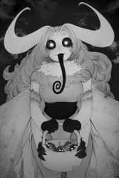 Rule 34 | 1girl, antennae, artist name, basket, black tongue, bug, commentary, curly hair, english commentary, extra arms, fur collar, greyscale, halloween, highres, bug, arthropod girl, long hair, long tongue, looking at viewer, matilda fiship, monochrome, monster girl, moth, moth girl, mother lumi (matilda fiship), original, smile, solo, tongue