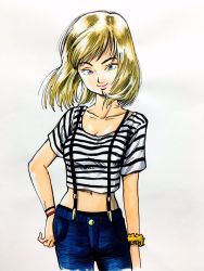 Rule 34 | 1girl, blonde hair, blue eyes, breasts, cleavage, collarbone, contrapposto, cowboy shot, crop top, hand on own hip, highres, lee (dragon garou), marker (medium), medium breasts, midriff, navel, original, painting (medium), pink lips, scrunchie, shirt, smile, solo, standing, striped clothes, striped shirt, suspenders, traditional media, watercolor (medium), wristband