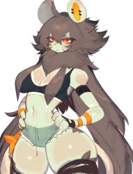 Rule 34 | 1girl, animal ears, black hair, blue fur, blush, breasts, cleavage, creatures (company), crop top, ear piercing, fingerless gloves, furry, furry female, game freak, gen 4 pokemon, gloves, hands on own hips, highres, large breasts, lion, lion ears, lion girl, lion tail, long hair, luxio, messy hair, midriff, navel, nintendo, orange eyes, piercing, pokemon, pokemon (creature), short shorts, shorts, tail, thick thighs, thighhighs, thighs, torn clothes, torn thighhighs, usa37107692, very long hair, wide hips, zettai ryouiki