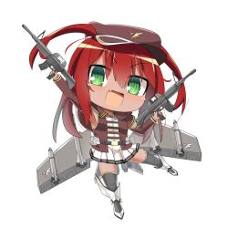 Rule 34 | 1girl, :d, assault rifle, black thighhighs, blush, breasts, brown hat, brown shirt, brown sleeves, character request, chibi, commentary request, dark-skinned female, dark skin, detached sleeves, dress, dual wielding, fang, full body, green eyes, gun, hair between eyes, hat, holding, holding gun, holding weapon, hop step jumpers, lets0020, long hair, looking at viewer, medium bangs, metal wings, missile, open mouth, peaked cap, red hair, rifle, shirt, short dress, short sleeves, simple background, small breasts, smile, solo, thighhighs, transparent background, two side up, weapon, white dress, white footwear