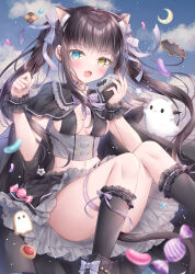 Rule 34 | 1girl, animal ear fluff, animal ears, black cape, black footwear, black hair, black skirt, black socks, blue sky, blurry, blurry foreground, bow, breasts, candy, candy wrapper, cape, cat ears, cat girl, cat tail, checkerboard cookie, cloud, collar, commentary request, cookie, crescent moon, cupcake, day, depth of field, feet out of frame, food, frilled socks, frills, ghost, hair bow, halloween, hands up, highres, holding, holding food, jelly bean, knees together feet apart, knees up, kohinata hoshimi, long hair, medium breasts, moon, nail polish, original, outdoors, purple bow, purple collar, purple nails, skirt, sky, socks, solo, tail, twintails, very long hair, wrist cuffs