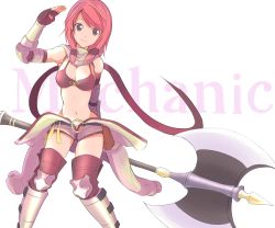Rule 34 | 1girl, alternate color, armor, axe, bad id, bad pixiv id, bikini, bikini top only, boots, brown eyes, double bladed axe, elbow gloves, fingerless gloves, gloves, kanten (kanten328), mechanic (ragnarok online), navel, o-ring, o-ring top, pink hair, ragnarok online, red bikini, scarf, solo, swimsuit, thigh boots, thighhighs, weapon