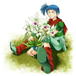 Rule 34 | 1girl, :d, blue hair, closed eyes, facing viewer, flower, grass, green footwear, open mouth, outdoors, own hands together, pin karo, pouch, rag uralo, red legwear, red scarf, scarf, sentou mecha xabungle, short hair, short ponytail, short sleeves, side ponytail, sitting, smile, solo, white background, wristband