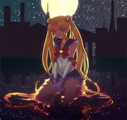 Rule 34 | 1girl, backlighting, bad id, bad pixiv id, bishoujo senshi sailor moon, bishoujo senshi sailor moon (first season), blonde hair, blue eyes, blue sailor collar, brooch, building, choker, double bun, earrings, elbow gloves, gloves, hair bun, hair ornament, jewelry, long hair, miniskirt, moon, nakakore, partially submerged, reflecting pool, reflection, reflective water, ribbon, sailor collar, sailor moon, seiza, simple background, sitting, skirt, sky, solo, star (sky), starry sky, tsukino usagi, twintails, very long hair, wand, white gloves