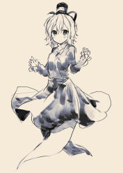 Rule 34 | 1girl, bad id, bad pixiv id, closed mouth, copyright request, dress, ghost, greyscale, hands up, hat, ikeuchi tanuma, long sleeves, looking at viewer, monochrome, short hair, simple background, solo, yellow background