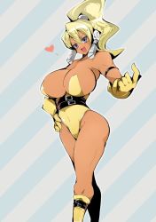 Rule 34 | 1girl, android, beckoning, blonde hair, blue eyes, breasts, buckle, come hither, dark-skinned female, dark skin, gloves, hand on own hip, heart, high ponytail, huge breasts, leotard, long hair, martial (robopon), name john, open mouth, ponytail, robot ponkottsu, robot ponkottsu, solo, striped, striped background