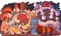 Rule 34 | 2boys, animal ears, bowser, looking at another, mario, mario (series), masabowser, multiple boys, nervous, nintendo, one eye closed, power-up, raccoon ears, raccoon tail, red eyes, red hair, scarf, spiked shell, statue, super leaf, super mario 3d land, super mario bros. 3, sweat, tail, tanuki mario, wink