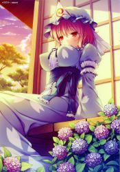 Rule 34 | 1girl, :&lt;, absurdres, breasts, dress, covered erect nipples, female focus, flower, hat, highres, hydrangea, impossible clothes, large breasts, nature, outdoors, pink hair, plant, red eyes, saigyouji yuyuko, sayori (neko works), short hair, sitting, sky, solo, touhou