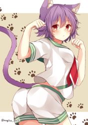 Rule 34 | 10s, 1girl, :&lt;, animal ears, ass, bad id, bad twitter id, bent over, blush, breasts, cat ears, cat tail, closed mouth, cowboy shot, kantai collection, kemonomimi mode, looking at viewer, looking to the side, neckerchief, one-hour drawing challenge, paw pose, purple hair, red eyes, school uniform, serafuku, shiromikan, short hair, short sleeves, shorts, small breasts, solo, tail, tama (kancolle), twitter username