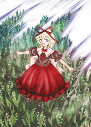 Rule 34 | 1girl, :d, blonde hair, blush, bow, bowtie, breasts, dress, female focus, field, flat chest, full body, grass, hair ribbon, light rays, looking at viewer, medicine melancholy, open mouth, outdoors, plant, puffy short sleeves, puffy sleeves, red bow, red bowtie, red dress, red ribbon, ribbon, short hair, short sleeves, smile, solo, touhou, yellow eyes, yuu kawashiro