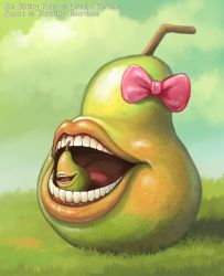 Rule 34 | biting pear of salamanca, bow, cloud, cloudy sky, commentary, day, english commentary, english text, food, food focus, fruit, grass, green theme, meme, monster, no humans, original, outdoors, pear, pink bow, sky, twarda8, what