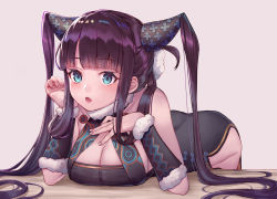 Rule 34 | 1girl, absurdres, arl, ass, bare shoulders, black dress, blue eyes, blunt bangs, blush, breast press, breasts, china dress, chinese clothes, cleavage, detached sleeves, dress, fate/grand order, fate (series), hair ornament, highres, large breasts, leaning forward, long hair, looking at viewer, open mouth, purple hair, sidelocks, simple background, solo, twintails, very long hair, yang guifei (fate), yang guifei (second ascension) (fate)