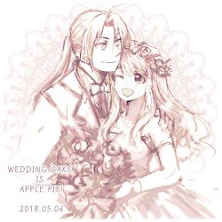 Rule 34 | 1boy, 1girl, 2018, ;d, bare shoulders, bouquet, couple, dated, dress, edward elric, elbow gloves, english text, floating hair, flower, formal, fullmetal alchemist, gloves, hands on another&#039;s shoulders, happy, head wreath, height difference, hetero, holding, honeycomb (pattern), honeycomb background, jewelry, long hair, looking at another, looking down, looking up, monochrome, necklace, necktie, one eye closed, open mouth, pearl necklace, shaded face, simple background, smile, suit, text focus, tsukuda0310, wedding dress, white background, winry rockbell