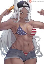 Rule 34 | 1girl, :o, abs, american flag bikini, american flag print, animal ears, arms up, backwards hat, bikini, bikini under clothes, black hat, boku no hero academia, breasts, collarbone, dark-skinned female, dark skin, denim, denim shorts, female focus, flag print, food, funi xd, hat, highres, holding, holding food, large breasts, long eyelashes, long hair, looking down, mirko, muscular, muscular female, navel, open clothes, open shorts, parted bangs, patreon logo, patreon username, print bikini, rabbit ears, rabbit girl, red eyes, short shorts, shorts, side-tie bikini bottom, solo, spill, stomach, swimsuit, thighs, underboob, very long hair, watermark, web address, white background, white hair
