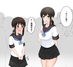 Rule 34 | 1boy, 1girl, absurdres, arm behind back, black skirt, blue ribbon, blush, breasts, brown hair, bulge, cosplay, covering privates, covering crotch, crossdressing, dress, erection, erection under clothes, fubuki (kancolle), fubuki (kancolle) (cosplay), green eyes, hand on own chest, highres, kantai collection, kiyu fuyuki, large breasts, medium hair, mole, mole under eye, pleated skirt, ribbon, sailor collar, sailor dress, school uniform, serafuku, short ponytail, short sleeves, sidelocks, skirt, sweatdrop, thick thighs, thighs, translation request, trap, wavy mouth