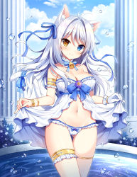 Rule 34 | 1girl, aina rive, animal ear fluff, animal ears, antenna hair, babydoll, bangle, bare shoulders, bell, blue bow, blue eyes, blue ribbon, blue sky, blush, bow, bow panties, bracelet, breasts, brown eyes, cat ears, cat girl, cat tail, cleavage, closed mouth, cloud, cloudy sky, commentary request, day, frilled panties, frills, gluteal fold, groin, hair between eyes, hair intakes, hair ribbon, heterochromia, jewelry, lingerie, long hair, looking at viewer, mauve, medium breasts, navel, original, outdoors, panties, pillar, ribbon, sky, smile, solo, standing, strapless, tail, tail ornament, tail raised, tail ribbon, thigh gap, underwear, underwear only, very long hair, water, water drop, white panties
