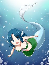 Rule 34 | 1girl, adapted costume, bikini, bikini skirt, blue eyes, blue hair, book, breasts, bubble, cleavage, drill hair, fins, green bikini, head fins, kousei (public planet), large breasts, looking at viewer, matching hair/eyes, mermaid, monster girl, navel, open book, smile, solo, swimsuit, touhou, underwater, wakasagihime