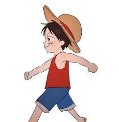 Rule 34 | 1boy, aged down, black eyes, black hair, blue shorts, child, clenched hands, commentary request, feichangkou, hat, highres, male focus, monkey d. luffy, one piece, profile, red shirt, scar, scar on face, shirt, short hair, shorts, simple background, smile, solo, straw hat, walking, white background