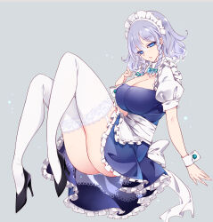 Rule 34 | 1girl, apron, ass, black footwear, blue dress, blue eyes, braid, breasts, cleavage, commentary, dress, frilled apron, frilled dress, frills, full body, grey background, grey hair, high heels, highres, izayoi sakuya, large breasts, maid, maid apron, maid headdress, puffy short sleeves, puffy sleeves, raptor7, short hair, short sleeves, simple background, solo, symbol-only commentary, thighhighs, touhou, twin braids, waist apron, white apron, white thighhighs