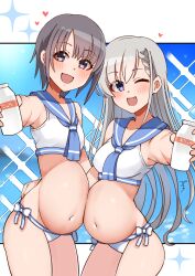 Rule 34 | 2girls, :d, ;d, absurdres, belly-to-belly, blush, bottle, breasts, cowboy shot, highres, holding, holding bottle, idolmaster, idolmaster cinderella girls, long hair, mabanna, medium breasts, multiple girls, navel, one eye closed, open mouth, pregnant, sailor bikini, sailor collar, sailor swimsuit (idolmaster), short hair, small breasts, smile