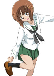 Rule 34 | 1girl, absurdres, black neckerchief, black socks, blouse, brown eyes, brown footwear, brown hair, commentary request, girls und panzer, green skirt, head tilt, highres, leg up, loafers, long sleeves, looking at viewer, miniskirt, neckerchief, nishizumi miho, ooarai school uniform, open mouth, pleated skirt, pulling own clothes, sailor collar, school uniform, serafuku, shirt, shoe pull, shoes, short hair, skirt, smile, socks, solo, standing, standing on one leg, wakku kan, white sailor collar, white shirt