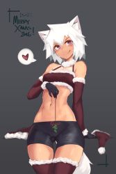 Rule 34 | 1girl, :p, :q, abs, absurdres, animal ears, bike shorts, blush, christmas, deel (rkeg), detached sleeves, elbow gloves, covered erect nipples, gloves, grey background, heart, highres, marinya, midriff, mistletoe, naughty face, navel, original, simple background, solo, spoken heart, tail, thigh gap, thighhighs, toned, tongue, tongue out, wide hips