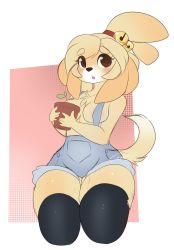 Rule 34 | 1girl, alternate costume, animal crossing, animal ears, animal nose, areola slip, artist name, bare shoulders, bell, black thighhighs, blonde hair, blue overalls, blush, body fur, border, breasts, brown eyes, collarbone, cowboy shot, cropped legs, dog ears, dog girl, dog tail, female focus, flat color, furry, furry female, gluteal fold, hair bell, hair ornament, hair tie, hands up, highres, holding, holding potted plant, isabelle (animal crossing), jingle bell, looking at viewer, medium breasts, naked overalls, nintendo, open mouth, outside border, overalls, parted bangs, plant, pocket, potted plant, red background, short hair, sidelocks, signature, simple background, sketch, solo, standing, tail, teeth, teranen, thick thighs, thighhighs, thighs, topknot, transparent border, two-tone fur, white fur, wide hips, yellow fur