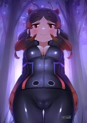 Rule 34 | 1girl, animal ears, black bodysuit, black hair, blush, bodysuit, breasts, cameltoe, catsuit, cleavage, cleft of venus, commentary, extra ears, full-length zipper, gloves, highres, hippopotamus (kemono friends), hippopotamus ears, kemono friends, large breasts, leather suit, long hair, long sleeves, looking at viewer, masuyama ryou, multicolored hair, open bodysuit, open clothes, partially unzipped, red bodysuit, red hair, shirt, short hair, smile, two-tone hair, unzipped, zipper