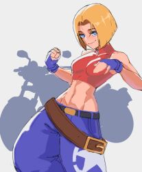 Rule 34 | 1girl, bare shoulders, blonde hair, blue eyes, blue mary, breasts, fatal fury, fingerless gloves, gloves, highres, medium breasts, pants, shadow, short hair, sleeveless, the king of fighters, tipsytrains