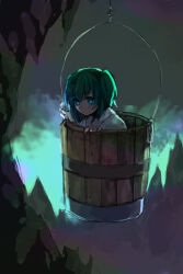 Rule 34 | 1girl, absurdres, blue eyes, blue pupils, bright pupils, bucket, cave interior, closed mouth, commentary request, expressionless, green hair, highres, in bucket, in container, japanese clothes, kaigen 1025, kimono, kisume, medium hair, short twintails, solo, touhou, twintails, white kimono, wooden bucket