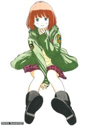 Rule 34 | 1980s (style), 1girl, :d, artist name, bare legs, between legs, black footwear, blue eyes, bob cut, boots, brown hair, emblem, full body, green jacket, hand between legs, highres, jacket, long sleeves, looking at viewer, marker (medium), oldschool, open mouth, orange hair, original, plaid, plaid skirt, red hair, red skirt, retro artstyle, shoe soles, short hair, simple background, sitting, skirt, sleeves past wrists, smile, solo, take (orion transport), traditional media, white background