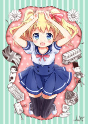 Rule 34 | 10s, 1girl, alice cartelet, arms up, artist name, black thighhighs, blonde hair, blue eyes, cup, highres, kin-iro mosaic, long hair, lying, mary janes, on back, open mouth, rabbit pose, shirt, shoes, signature, skirt, smile, solo, striped, striped background, stuffed animal, stuffed toy, teacup, teapot, teddy bear, thighhighs, twintails, ugchoco, union jack, vertical stripes