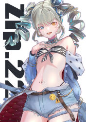 Rule 34 | 1girl, :d, ammo21204760, arm behind back, bandeau, bare shoulders, belt, black bandeau, blue coat, blue eyes, blue hair, breasts, brown belt, character name, choker, coat, commentary, cowboy shot, crown, cutoffs, denim, denim shorts, drill hair, drill sidelocks, fang, flat chest, girls&#039; frontline, gold bracelet, grey hair, hand on own chest, heterochromia, highleg, highleg panties, highres, jacket, long sleeves, looking at viewer, midriff, mini crown, multicolored hair, navel, navel piercing, off shoulder, open mouth, panties, piercing, short shorts, shorts, sidelocks, skin fang, small breasts, smile, smiley face, solo, standing, strapless, symbol-shaped pupils, tilted headwear, triangle-shaped pupils, twin drills, two-tone hair, underwear, white background, yellow eyes, zip.22 (girls&#039; frontline)