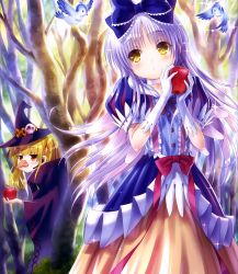 Rule 34 | 2girls, angel beats!, apple, bare tree, bird, blonde hair, blue bow, blush, bow, brown hair, choker, cloak, closed mouth, collarbone, cosplay, day, disney, earpiece, expressionless, eyebrows, food, forest, fruit, gloves, goto p, hair bow, hair ribbon, hat, head tilt, highres, holding, holding food, holding fruit, light purple hair, long hair, multiple girls, nature, orange skirt, outdoors, parted lips, peeking out, puff and slash sleeves, puffy short sleeves, puffy sleeves, queen (snow white), queen (snow white) (cosplay), red ribbon, ribbon, scan, shirt, short sleeves, skirt, snow white, snow white (disney), snow white (disney) (cosplay), snow white and the seven dwarfs, sparkle, standing, tenshi (angel beats!), tree, two side up, very long hair, white gloves, wicked, witch, witch hat, yellow eyes, yusa (angel beats!)