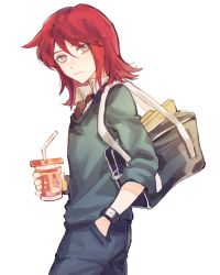 Rule 34 | 1boy, bag, closed mouth, collared shirt, commentary, creatures (company), cup, drinking straw, from side, game freak, grey eyes, hair between eyes, hand in pocket, highres, holding, holding cup, male focus, medium hair, necktie, nintendo, pants, pokemon, pokemon gsc, red hair, shirt, silver (pokemon), simple background, solo, sweater, watch, white background, wristwatch, xiguamao41