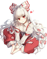 Rule 34 | 1girl, :|, arm garter, baggy pants, blush, bow, butterfly sitting, buttons, closed mouth, collared shirt, commentary request, fujiwara no mokou, hair bow, heart, highres, jill 07km, light smile, long sleeves, looking at viewer, nail polish, pants, red bow, red eyes, red nails, shirt, short hair, signature, sitting, solo, suspenders, touhou, white background, white shirt, wing collar, wrist cuffs