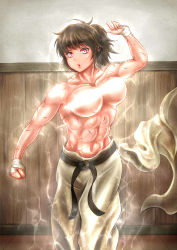 Rule 34 | 1girl, abs, aura, black hair, breasts, censored, clenched hands, dougi, enbanzyou, fighting stance, hangetsuban sonshou, highres, large breasts, muscular, scar, short ponytail, solo, sweat, topless