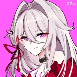 Rule 34 | 1girl, :q, artist name, bare shoulders, black collar, blush, breasts, character request, closed mouth, collar, commentary request, dated, grey hair, hair between eyes, hair intakes, hair ribbon, half-closed eyes, highres, honkai (series), honkai impact 3rd, korean commentary, licking lips, long hair, looking at viewer, medium breasts, munji412, pink background, purple eyes, red ribbon, ribbon, simple background, smile, solo, tongue, tongue out, upper body